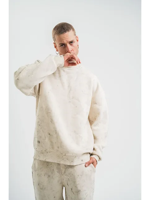 Erkek 3 İplik Pamuklu Yağ Yıkamalı Sweatshirt Double Oversize Bisiklet Yaka Uzun Kol - Krem