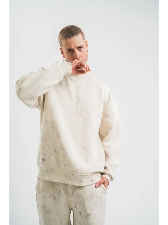 Erkek 3 İplik Pamuklu Yağ Yıkamalı Sweatshirt Double Oversize Bisiklet Yaka Uzun Kol - Krem