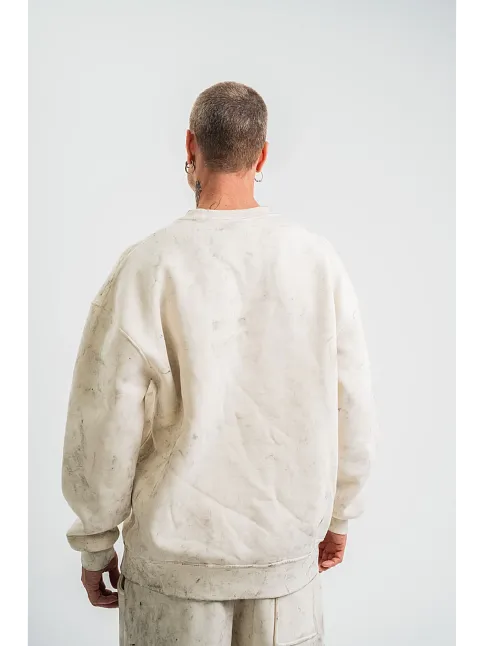 Erkek 3 İplik Pamuklu Yağ Yıkamalı Sweatshirt Double Oversize Bisiklet Yaka Uzun Kol - Krem