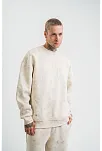 Erkek 3 İplik Pamuklu Yağ Yıkamalı Sweatshirt Double Oversize Bisiklet Yaka Uzun Kol - Krem