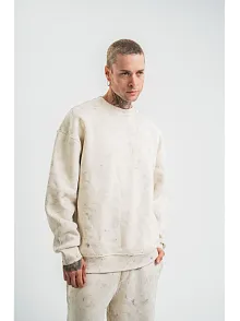 Erkek 3 İplik Pamuklu Yağ Yıkamalı Sweatshirt Double Oversize Bisiklet Yaka Uzun Kol - Krem