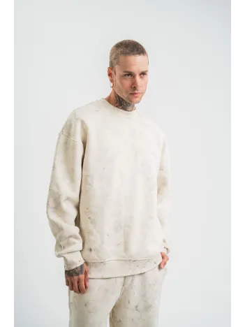 Erkek 3 İplik Pamuklu Yağ Yıkamalı Sweatshirt Double Oversize Bisiklet Yaka Uzun Kol - Krem