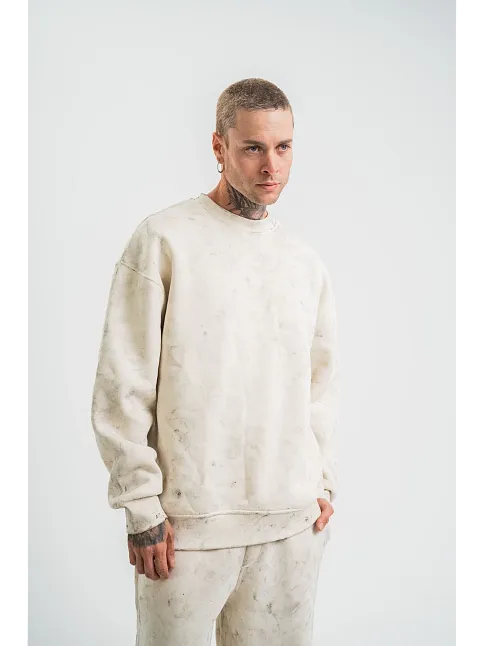 Erkek 3 İplik Pamuklu Yağ Yıkamalı Sweatshirt Double Oversize Bisiklet Yaka Uzun Kol - Krem