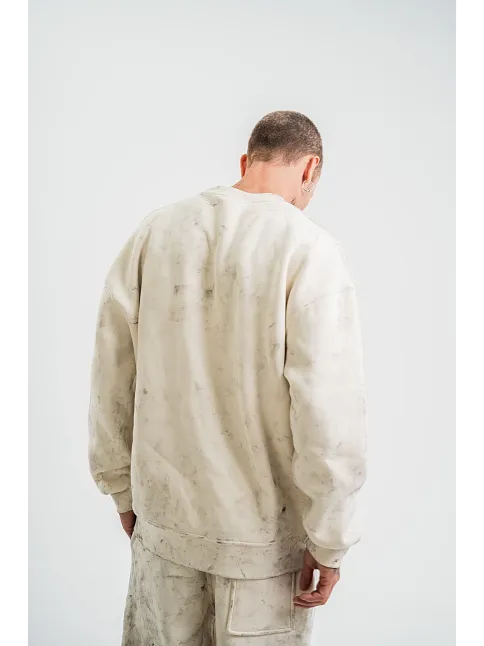 Erkek 3 İplik Pamuklu Yağ Yıkamalı Sweatshirt Double Oversize Bisiklet Yaka Uzun Kol - Krem