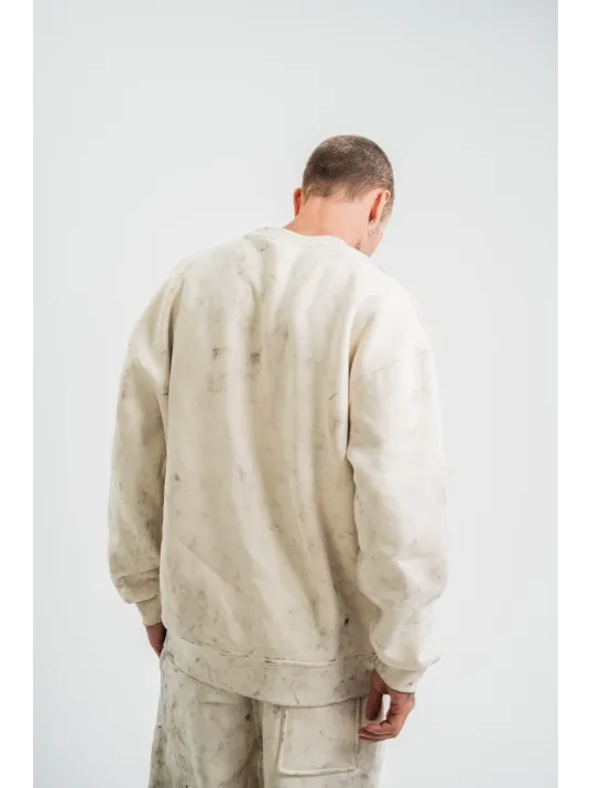 Erkek 3 İplik Pamuklu Yağ Yıkamalı Sweatshirt Double Oversize Bisiklet Yaka Uzun Kol - Krem