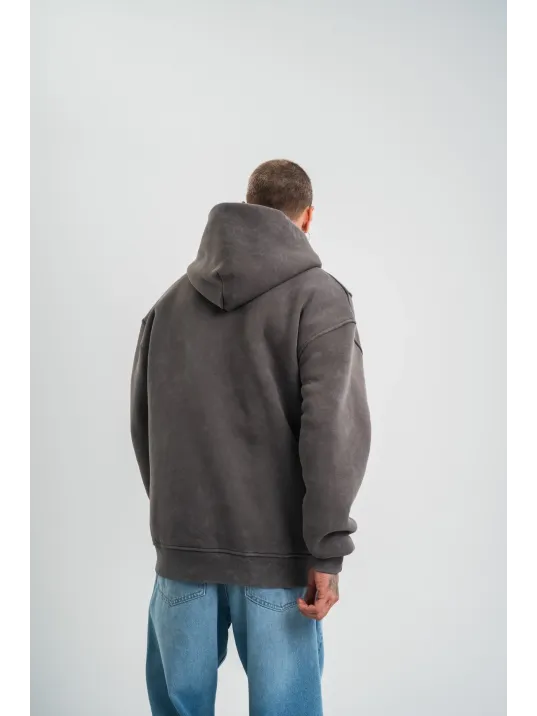 Unisex Uzun Kol Kapşonlu Yıkamalı Nakışlı SweatShirt - Füme