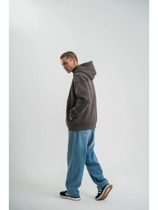 Unisex Uzun Kol Kapşonlu Yıkamalı Nakışlı SweatShirt - Füme