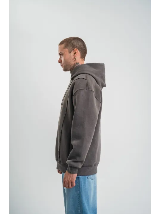 Unisex Uzun Kol Kapşonlu Yıkamalı Nakışlı SweatShirt - Füme