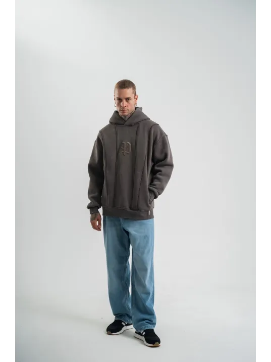 Unisex Uzun Kol Kapşonlu Yıkamalı Nakışlı SweatShirt - Füme Unisex Uzun Kol Kapşonlu Yıkamalı Nakışlı SweatShirt - Füme