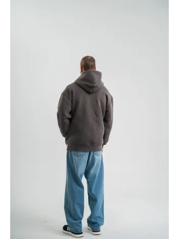 Unisex Uzun Kol Kapşonlu Yıkamalı Nakışlı SweatShirt - Füme Unisex Uzun Kol Kapşonlu Yıkamalı Nakışlı SweatShirt - Füme