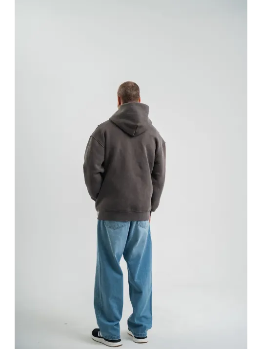 Unisex Uzun Kol Kapşonlu Yıkamalı Nakışlı SweatShirt - Füme