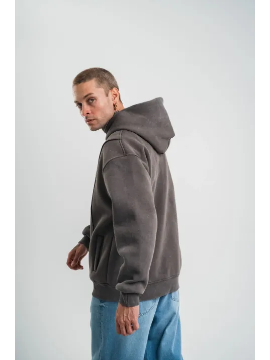 Unisex Uzun Kol Kapşonlu Yıkamalı Nakışlı SweatShirt - Füme