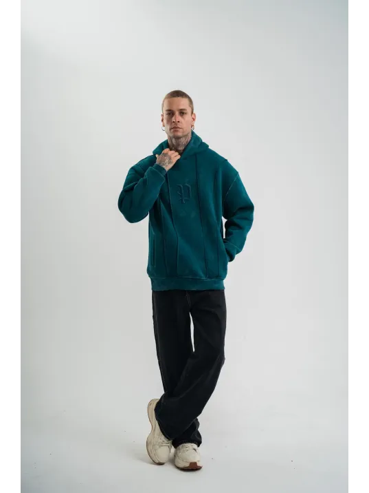 Unisex Uzun Kol Kapşonlu Yıkamalı Nakışlı SweatShirt - Koyu Deniz Yeşili