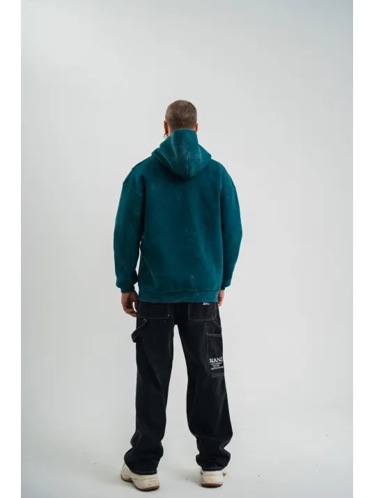 Unisex Uzun Kol Kapşonlu Yıkamalı Nakışlı SweatShirt - Koyu Deniz Yeşili