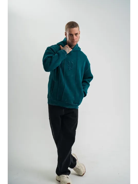 Unisex Uzun Kol Kapşonlu Yıkamalı Nakışlı SweatShirt - Koyu Deniz Yeşili