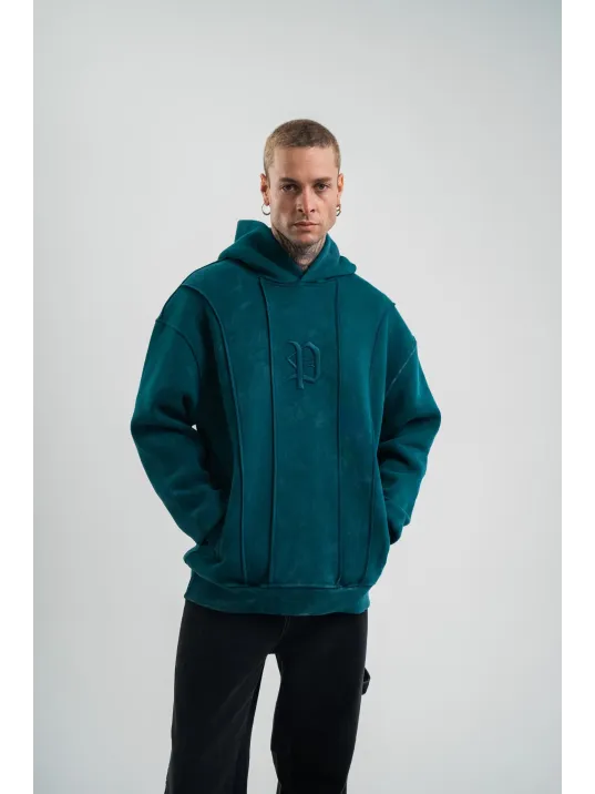 Unisex Uzun Kol Kapşonlu Yıkamalı Nakışlı SweatShirt - Koyu Deniz Yeşili