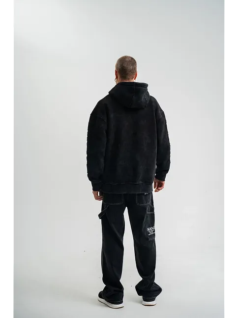 Unisex Uzun Kol Kapşonlu Yıkamalı Nakışlı Sweatshirt - Siyah