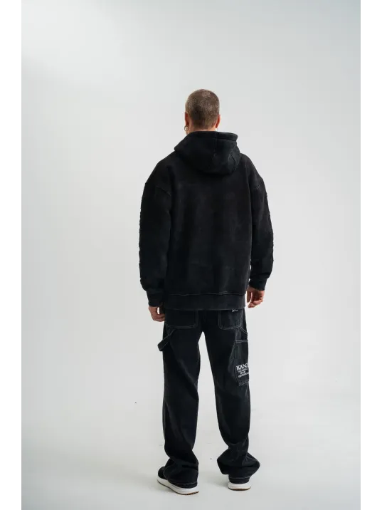 Unisex Uzun Kol Kapşonlu Yıkamalı Nakışlı Sweatshirt - Siyah