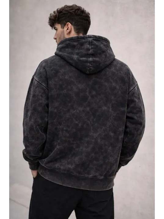 Erkek Yağ Yıkamalı Kapşonlu Double Oversize Üç İplik Pamuklu Sweatshirt - Siyah