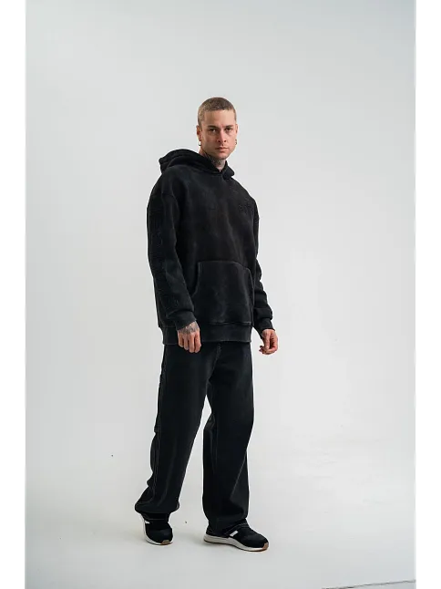Unisex Uzun Kol Kapşonlu Yıkamalı Nakışlı Sweatshirt - Siyah