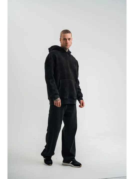 Unisex Uzun Kol Kapşonlu Yıkamalı Nakışlı Sweatshirt - Siyah