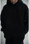 Unisex Uzun Kol Kapşonlu Yıkamalı Nakışlı Sweatshirt - Siyah