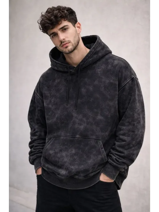 Erkek Yağ Yıkamalı Kapşonlu Double Oversize Üç İplik Pamuklu Sweatshirt - Siyah