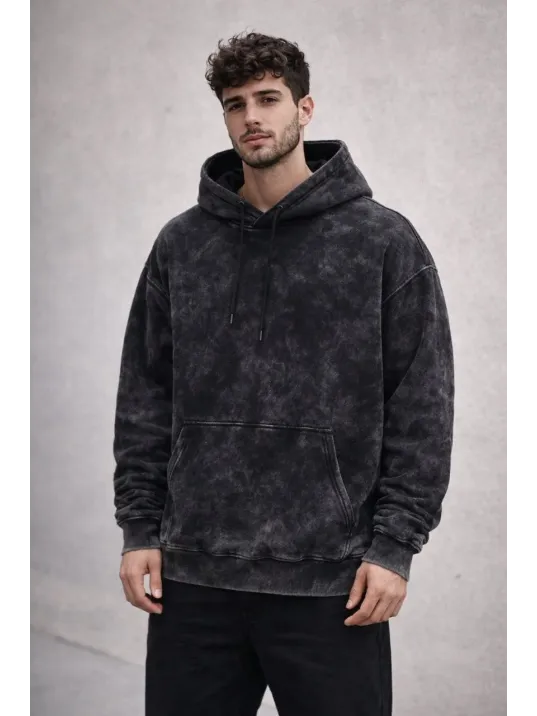 Erkek Yağ Yıkamalı Kapşonlu Double Oversize Üç İplik Pamuklu Sweatshirt - Siyah