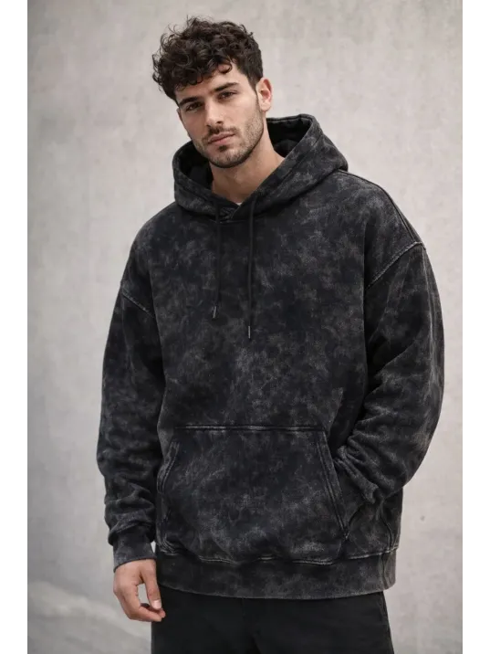 Erkek Yağ Yıkamalı Kapşonlu Double Oversize Üç İplik Pamuklu Sweatshirt - Siyah