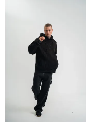 Unisex Uzun Kol Kapşonlu Yıkamalı Nakışlı Sweatshirt - Siyah