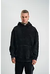 Unisex Uzun Kol Kapşonlu Yıkamalı Nakışlı Sweatshirt - Siyah