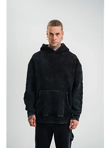Unisex Uzun Kol Kapşonlu Yıkamalı Nakışlı Sweatshirt - Siyah