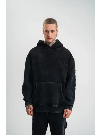 Unisex Uzun Kol Kapşonlu Yıkamalı Nakışlı Sweatshirt - Siyah