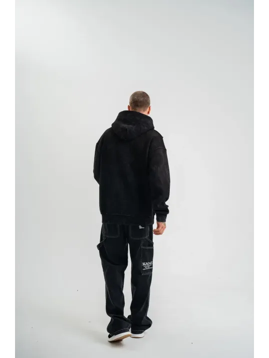 Unisex Uzun Kol Kapşonlu Yıkamalı Nakışlı Sweatshirt - Siyah