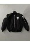 Siyah Askeri Tarz Bomber Mont – Unisex, Punisher Skull Detaylı, Fermuarlı, Cepli, Uzun Kollu, Bahar Ve Kış Günlük Moda İçin Uygun - Siyah