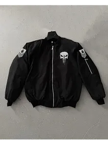 Siyah Askeri Tarz Bomber Mont – Unisex, Punisher Skull Detaylı, Fermuarlı, Cepli, Uzun Kollu, Bahar Ve Kış Günlük Moda İçin Uygun - Siyah