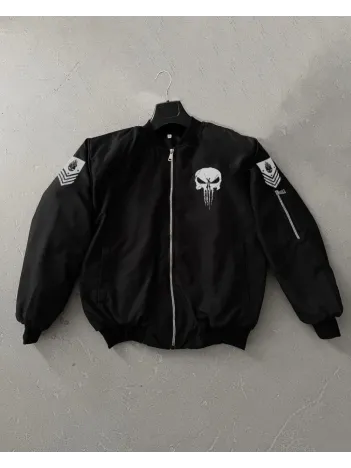 Siyah Askeri Tarz Bomber Mont – Unisex, Punisher Skull Detaylı, Fermuarlı, Cepli, Uzun Kollu, Bahar ve Kış Günlük Moda İçin Uygun - Siyah Siyah Askeri Tarz Bomber Mont – Unisex, Punisher Skull Detaylı, Fermuarlı, Cepli, Uzun Kollu, Bahar ve Kış Günlük Moda İçin Uygun - Siyah