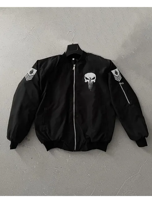 Siyah Askeri Tarz Bomber Mont – Unisex, Punisher Skull Detaylı, Fermuarlı, Cepli, Uzun Kollu, Bahar Ve Kış Günlük Moda İçin Uygun - Siyah