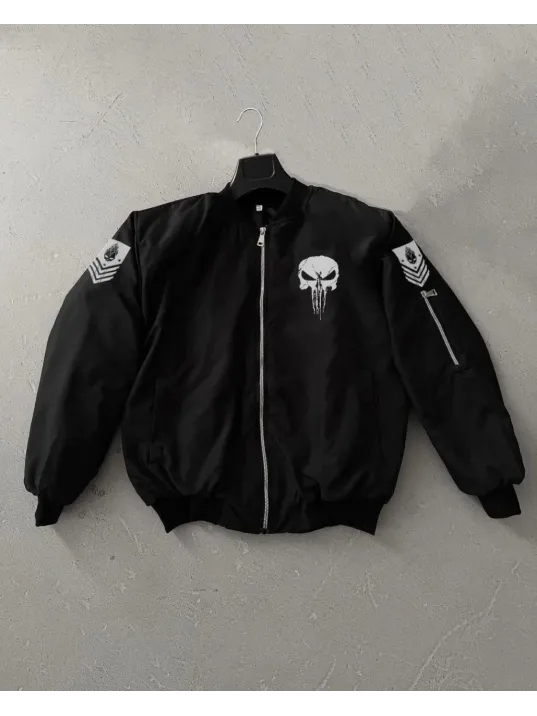 Siyah Askeri Tarz Bomber Mont – Unisex, Punisher Skull Detaylı, Fermuarlı, Cepli, Uzun Kollu, Bahar ve Kış Günlük Moda İçin Uygun - Siyah Siyah Askeri Tarz Bomber Mont – Unisex, Punisher Skull Detaylı, Fermuarlı, Cepli, Uzun Kollu, Bahar ve Kış Günlük Moda İçin Uygun - Siyah