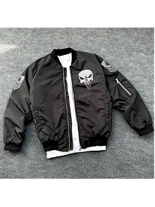 Siyah Askeri Tarz Bomber Mont – Unisex, Punisher Skull Detaylı, Fermuarlı, Cepli, Uzun Kollu, Bahar Ve Kış Günlük Moda İçin Uygun - Siyah