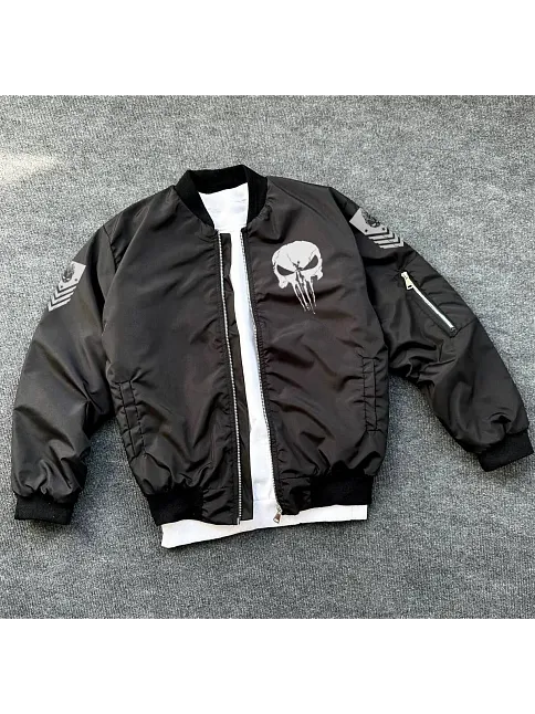 Siyah Askeri Tarz Bomber Mont – Unisex, Punisher Skull Detaylı, Fermuarlı, Cepli, Uzun Kollu, Bahar Ve Kış Günlük Moda İçin Uygun - Siyah