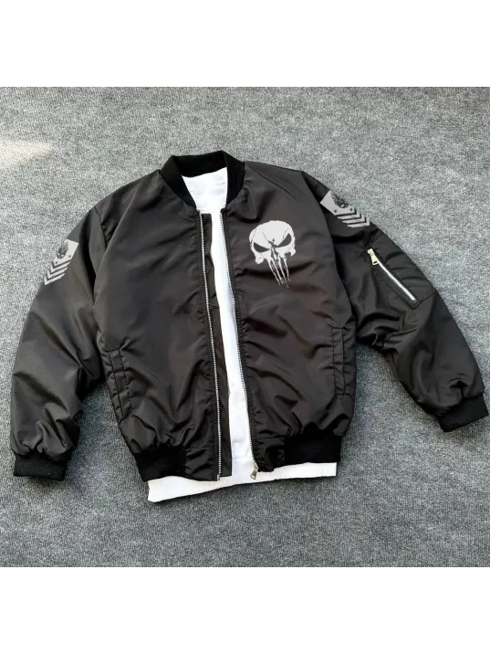 Siyah Askeri Tarz Bomber Mont – Unisex, Punisher Skull Detaylı, Fermuarlı, Cepli, Uzun Kollu, Bahar ve Kış Günlük Moda İçin Uygun - Siyah Siyah Askeri Tarz Bomber Mont – Unisex, Punisher Skull Detaylı, Fermuarlı, Cepli, Uzun Kollu, Bahar ve Kış Günlük Moda İçin Uygun - Siyah
