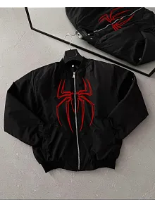 Örümcek Desenli Siyah Bomber Mont – Unisex Kullanıma Uygun, Fermuarlı Cepli, Kapitone Astarlı, Bahar Kış Günlük Giyim İçin Moda Ceket Modeli - Siyah