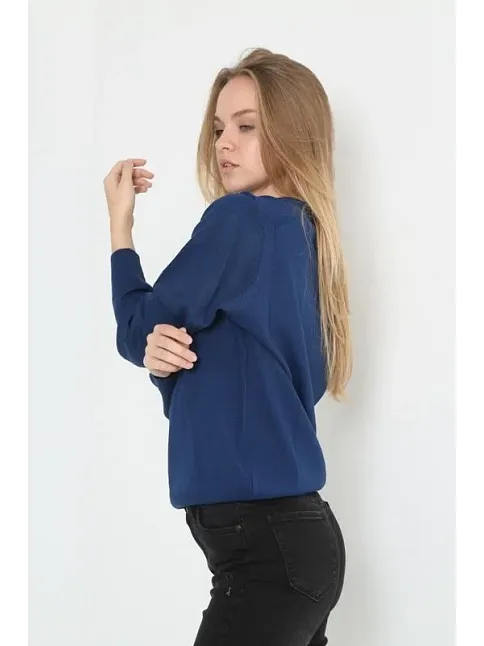 Unisex Uzun Kol V Yaka Triko Kazak - Indigo
