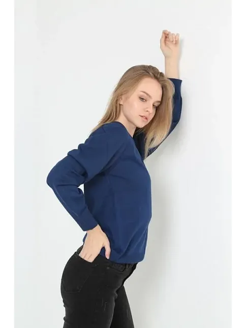 Unisex Uzun Kol V Yaka Triko Kazak - Indigo