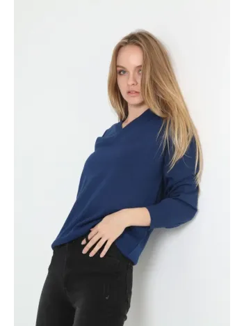 Unisex Uzun Kol V Yaka Triko Kazak - Indigo