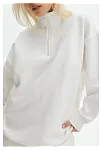Unisex Uzun Kol Yarım Farmuarlı Yakalı Basic Sweatshirt - Beyaz
