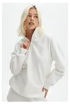 Unisex Uzun Kol Yarım Farmuarlı Yakalı Basic Sweatshirt - Beyaz