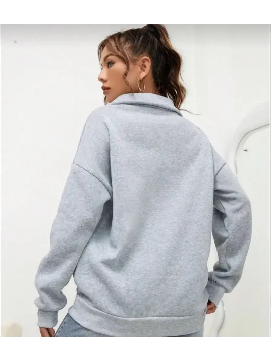 Unisex Uzun Kol Yarım Farmuarlı Yakalı Basic SweatShirt - Gri