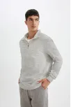 Unisex Uzun Kol Yarım Farmuarlı Yakalı Basic Sweatshirt - Gri